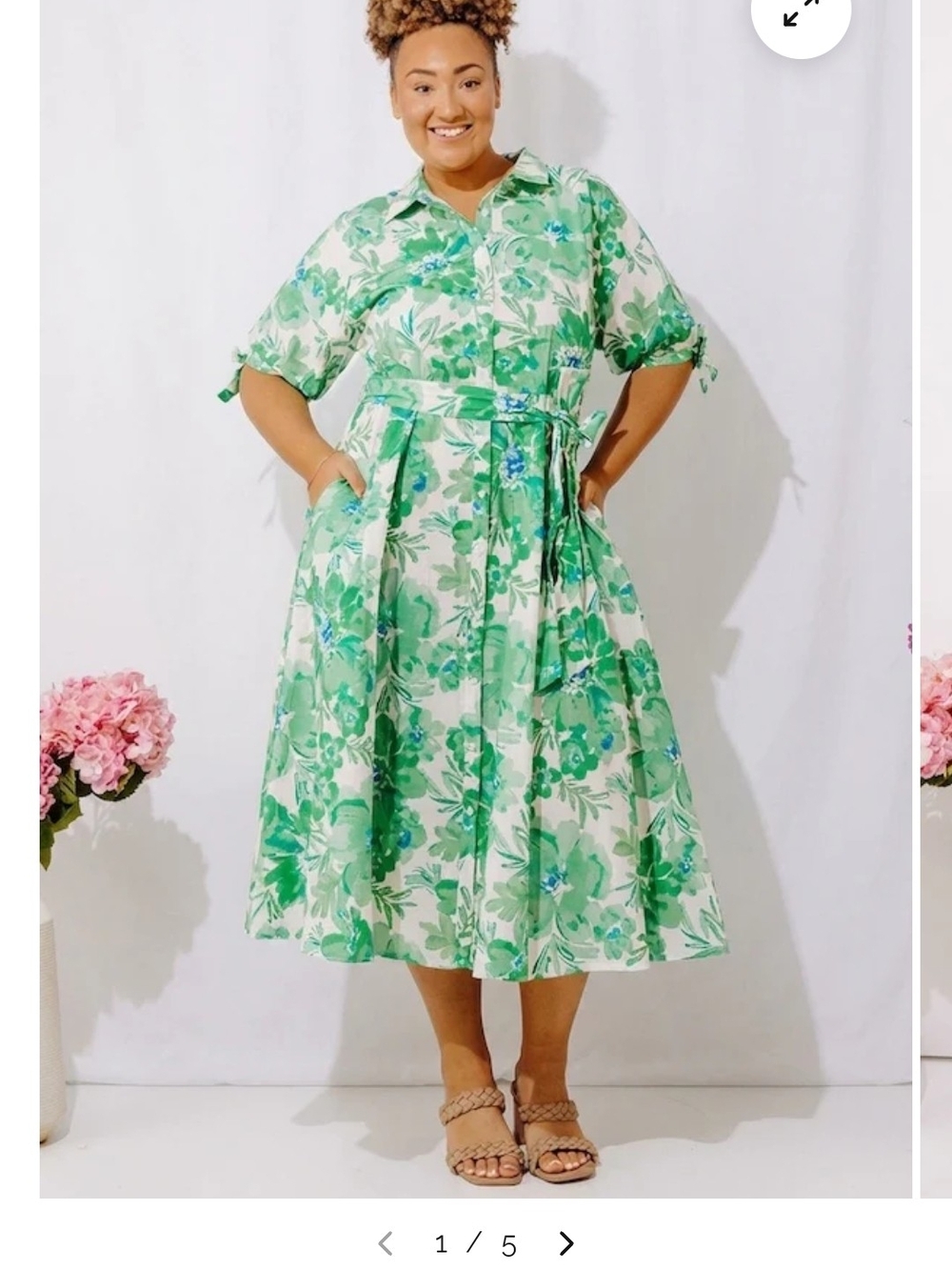 Impressions Green and White Floral Tie-Waist Midi Dress
